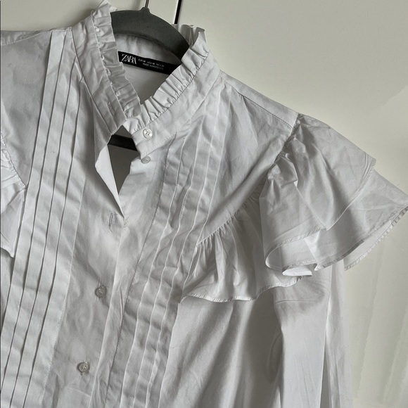 ZARA NWOT White Ruffled Cotton Button Blouse, Size M - Picture 3 of 8